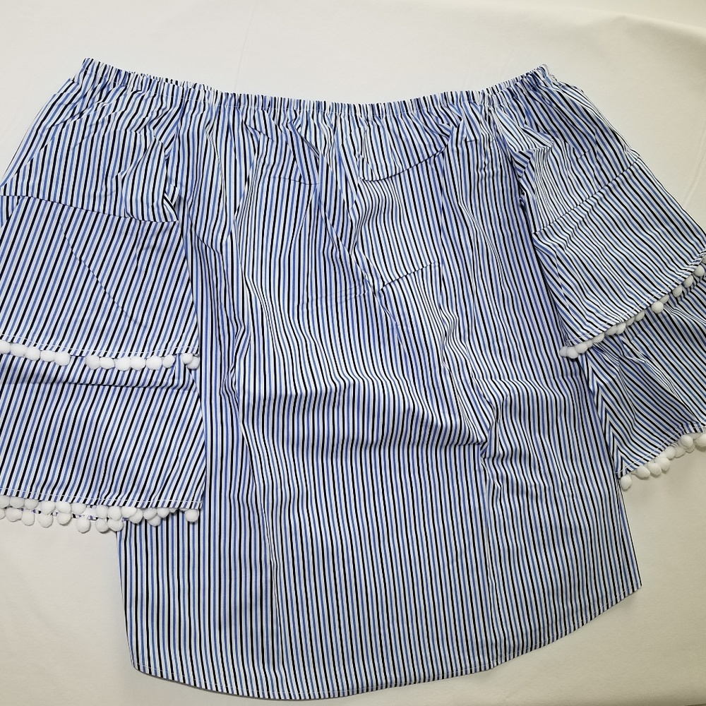 Blouse - Blue, White & Black Off-Shoulder